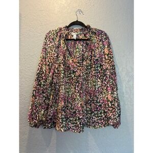 HM Floral Ruffle Neck Tie Blouse Long Sleeve Size L